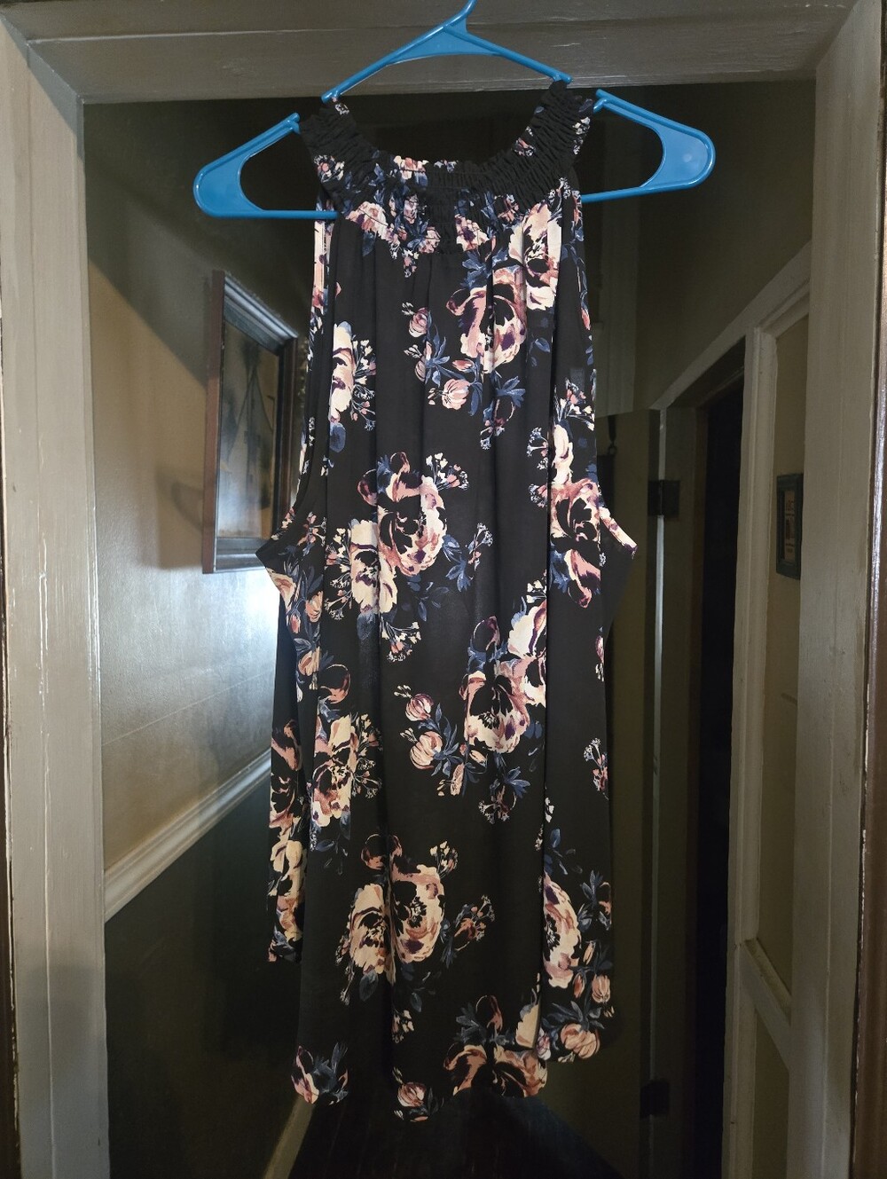 Sleeveless Black Floral Halter Top with Pink & Blue Blooms